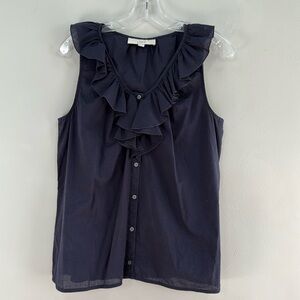 Ann Taylor LOFT Sleeveless Navy Blue Ruffle Button Down Tank- Size L